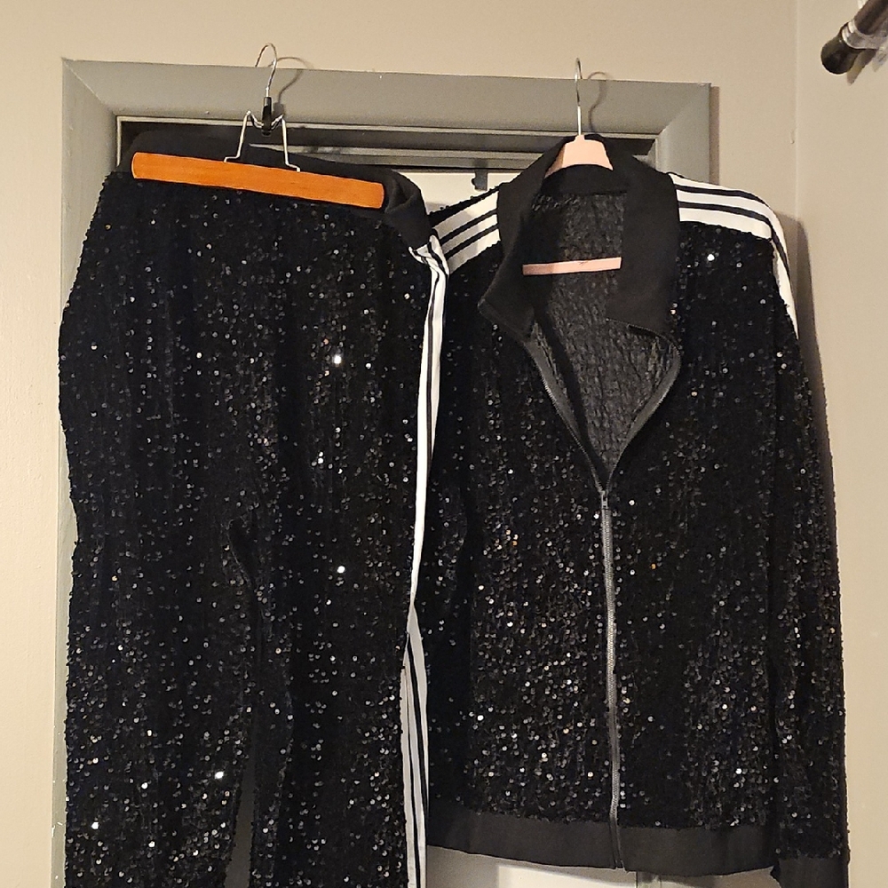 Black Sequin Track Suit with White Stripes